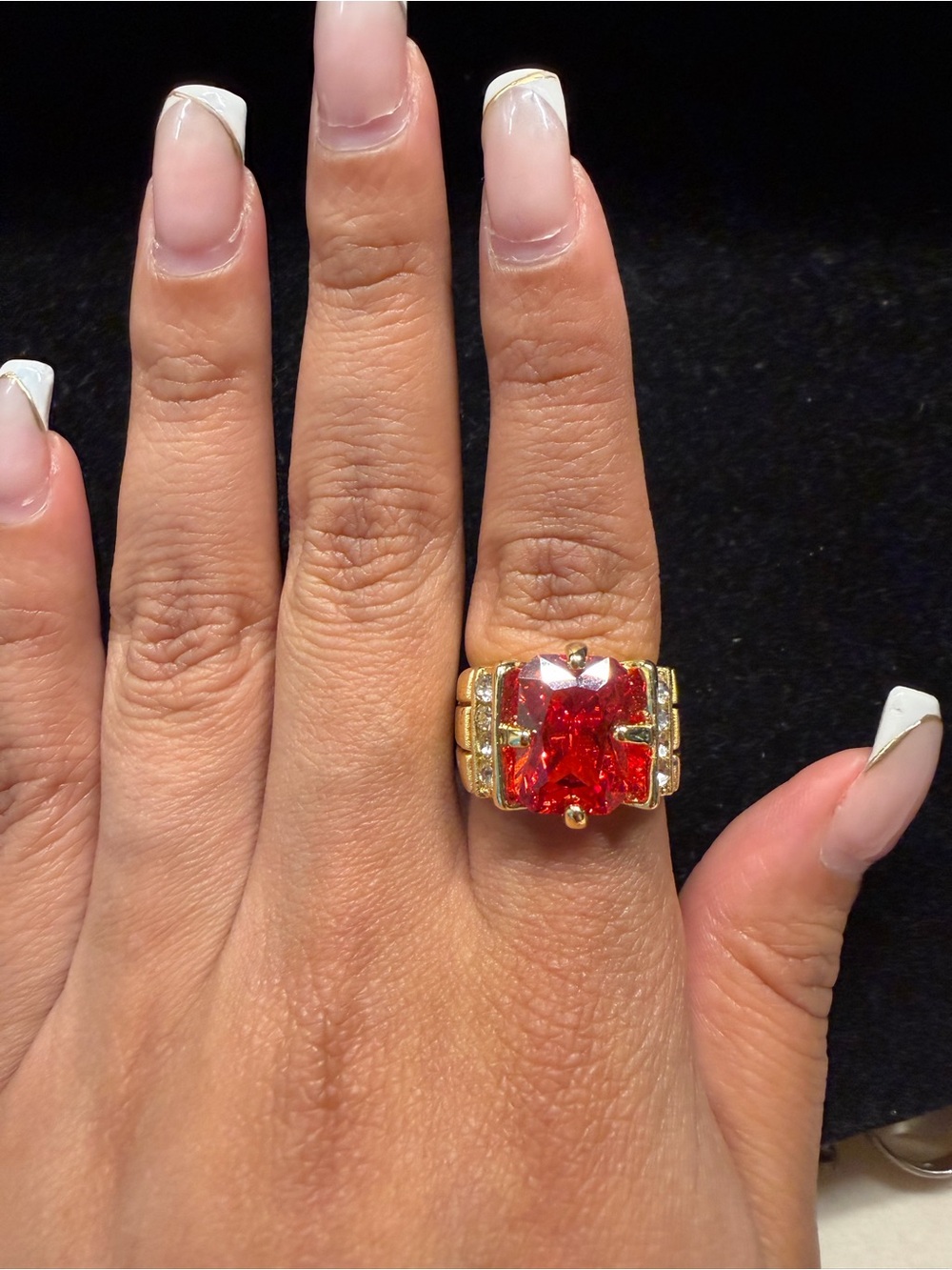 Vintage Goldtone Fashion Statement Ring Red Center Stone - SZ 7/7.5